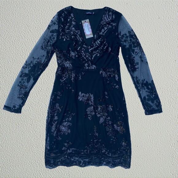 Black mesh floral sequin v neck dress long sleeve Boohoo NWT whimsigoth bohemian - Picture 1 of 8